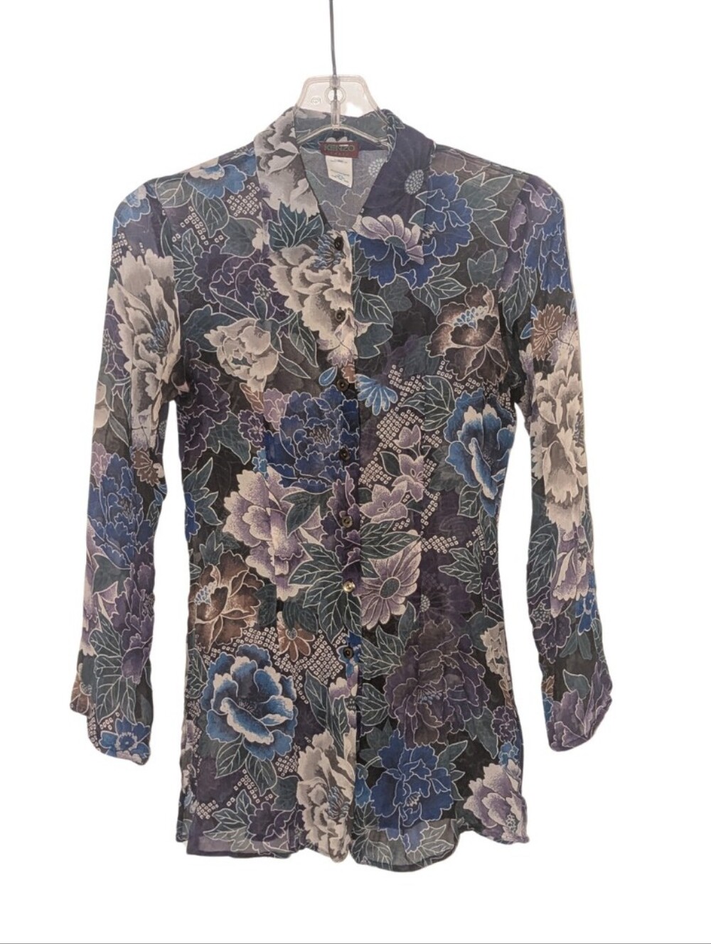 Kenzo Floral Silk Sheer Button-Up Blouse in Blue, Brown & Purple